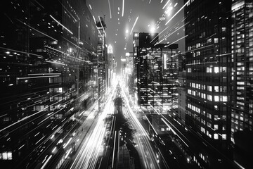 The vibrant city skyline is illuminated at night, showcasing streaks of light from moving vehicles and the glow of tall buildings against a dark sky.