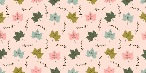 cute hand drawn seamless vector pattern background illustration with green and pink leaves an branches