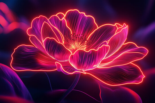 Beautiful glowing flower in vibrant colors surrounded by darkness