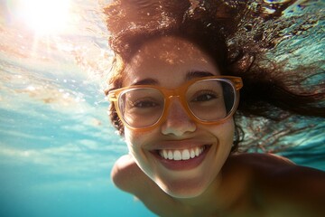 Smiling woman underwater enjoying a bright day while wearing glasses and showcasing her joy