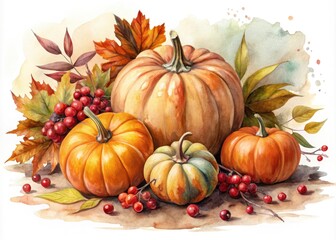 Vintage Watercolor Pumpkins Autumn Leaves Berries Fall Harvest Illustration