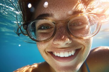 Fototapeta premium Smiling young woman with glasses enjoying an underwater experience in clear blue water during daylight