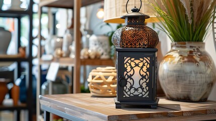 Chic shopping center display featuring living room decor, focusing on a decorative lantern on a table