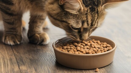 Cute cat eating dry kibble, kitten enjoying meal from metal bowl, feline nutrition and pet care, healthy snack for domestic cats, closeup view of kitty at mealtime, crunchy food on floor, veterinary 