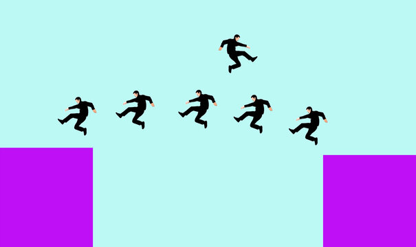Concept illustration of five figures jumping a gap in one direction and one figure jumping the gap in the opposite direction.