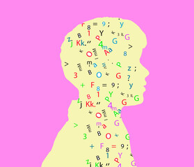 Profile silhouette of a child filled with colorful letters and numbers on a pink background.