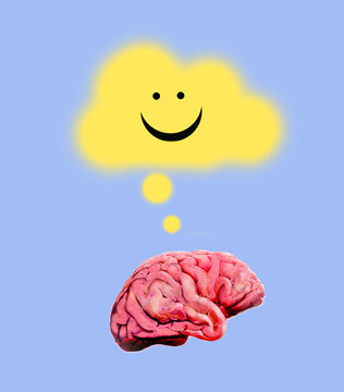 Concept illustration of a brain thinking a smiley cloud.