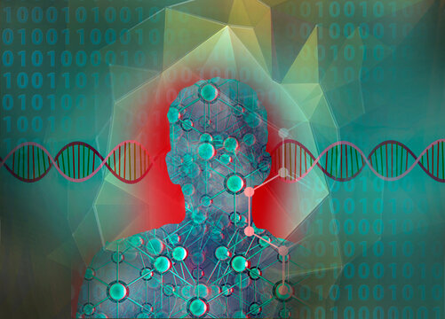 Concept illustration of binary numbers, double helix, and molecular structure with a human form.