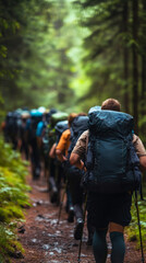 A group of individuals carrying heavy backpacks trek along a narrow forest path surrounded by lush greenery in the soft light of late afternoon