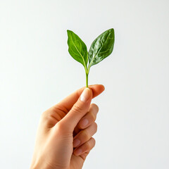 Hand holding young plant sprout isolated on white background.