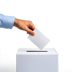 Hand placing a ballot into a voting box, isolated on white background.