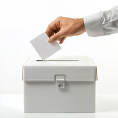 Hand placing a ballot into a voting box, isolated on white background.