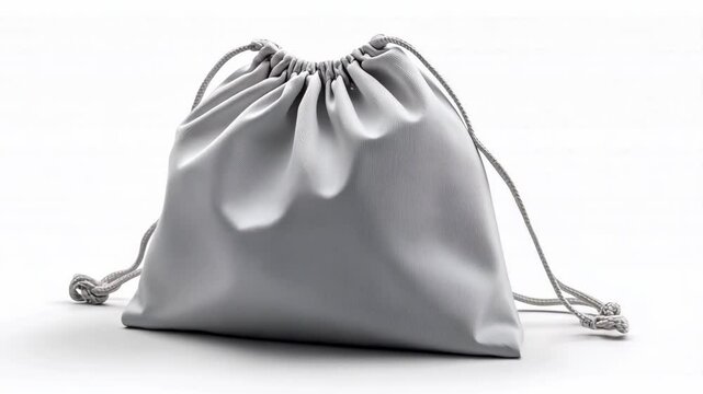 Soft gray drawstring bag displayed on a white background with gentle folds and creases