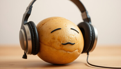 potato wearing headphones and enjoying music with closed eyes on a wooden surface