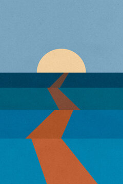Abstract road leading to a sunset over the ocean