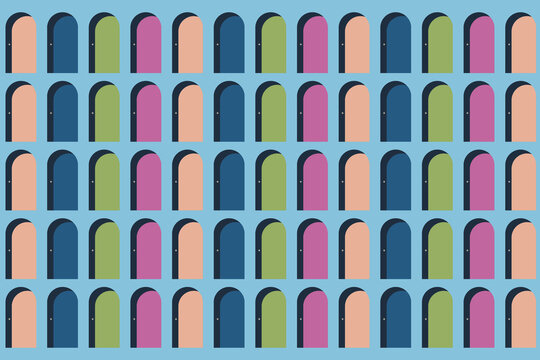 Colorful geometric illustration of arched doors in rows
