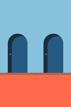 Abstract illustration of two blue arched doors on a flat minimal background