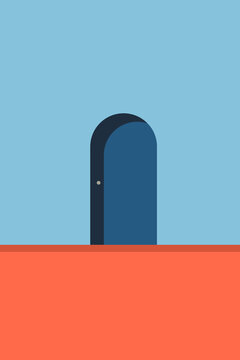 Illustration of a closed blue door with an arch in a minimal and geometric style