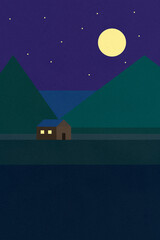 Illustration of a solitary house in the countryside at night with mountains and a full moon