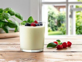 A light-green smoothie in a clear glass garnished with fresh berries and spinach leaves