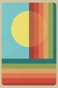 Retro abstract artwork with colorful stripes and sun in a vintage style