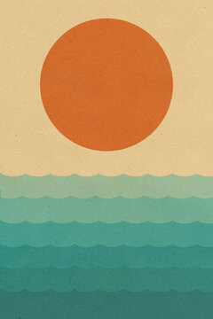 Retro illustration of a sunset over the ocean with waves