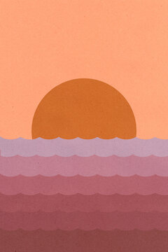 Retro illustration of a sunset over the ocean with waves
