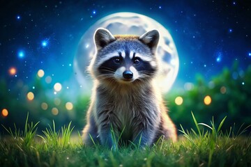Obraz premium A Curious Raccoon Gazes at the Night Sky Under the Moonlight, Capturing the Magic of Nature and Wildlife in a Serene Nighttime Scene