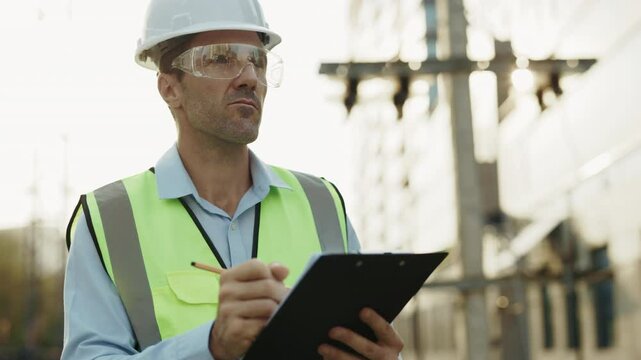 Portrait of man engineer in reflective vest making notes on construction site. Male worker in hardhat records current phase of project holding clipboard while looking away