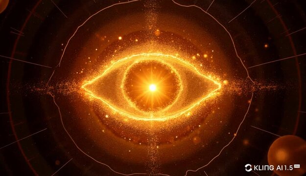 Glowing third eye in vibrant golden hue surrounded by subtle celestial orbs, copy space on the left