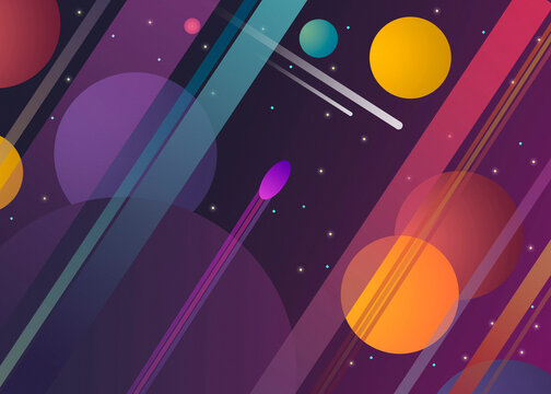 Colorful abstract illustration of space with planets and a spaceship