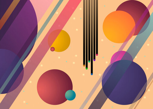 Abstract illustration of planets and comets in a colorful geometric space design