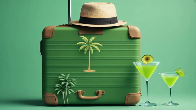 green leaf beachchair design baggage concept guitar summer enjoyment suitcase palm miniature 3d minimal tree render hat exotic paradise creative