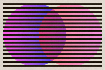 Bauhaus-inspired illustration with black stripes and two purple spheres