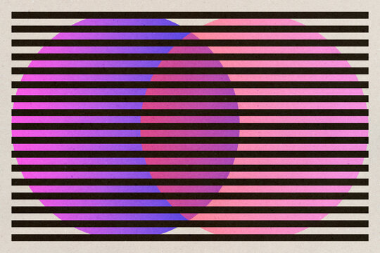 Bauhaus-inspired illustration with black stripes and two purple spheres