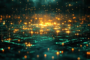 A digital landscape with glowing particles and a futuristic grid.