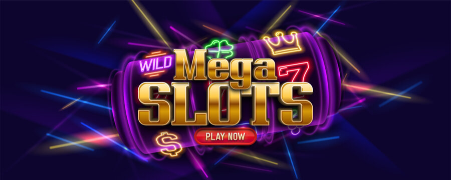 Mega Slots. Slot machine with gaming symbols on a bright background. Vector illustration.