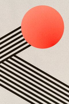 Bauhaus-inspired illustration with a red sphere and black stripes