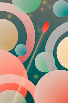 Abstract retro space illustration with a spaceship and planets.