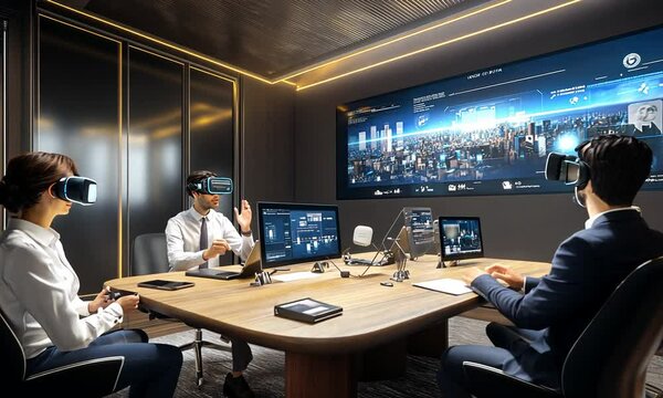 Virtual Reality Business Meeting: Executives Collaborate in Immersive Digital Workspace