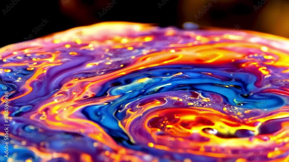 Poster Abstract macro view of colorful liquid soap bubble forming psychedelic swirls and patterns. The colors are vibrant and the patterns are mesmerizing