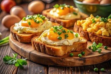 A Delicious Breakfast Spread Featuring Fried Toast and Four Types of Chicken Eggs: Scrambled, Fried, Poached, and Creamed Eggs Perfect for Morning Indulgence