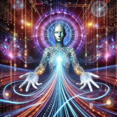 A striking and captivating depiction of an AI figure surrounded by vibrant energy and intricate digital patterns