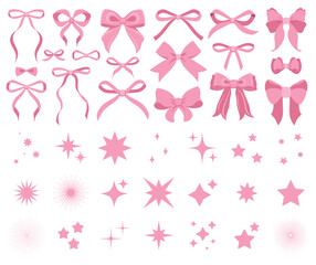 Simple pink ribbon bow collection. Bowknot for decoration, big set of pinky bowtie. Large retro hand drawn ribbon illustration. Set of cartoon bow knots, gentle gift ribbons. Retro sparkle icons set