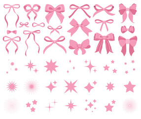 Fototapeta premium Simple pink ribbon bow collection. Bowknot for decoration, big set of pinky bowtie. Large retro hand drawn ribbon illustration. Set of cartoon bow knots, gentle gift ribbons. Retro sparkle icons set
