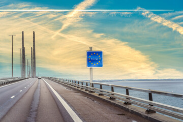 �resund Bridge with European Union sign at the Denmark-Sweden border