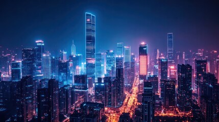 Obraz premium Futuristic cityscape with towering skyscrapers and neon lights, cyberpunk aesthetic, night view, 