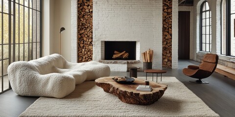 Cozy modern living room featuring a unique sofa and rustic coffee table in a spacious, sunlit space