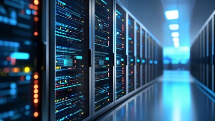 A Glimpse into the Heart of Technology: This image presents a vibrant data center filled with intricate server racks and glowing LED lights in a futuristic environment.