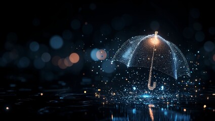 An Ethereal Glow: A Dazzling Umbrella in a Mystical Rainy Night Setting, Surrounded by Shimmering Droplets and Gentle Light Reflections Creating a Captivating Atmosphere.